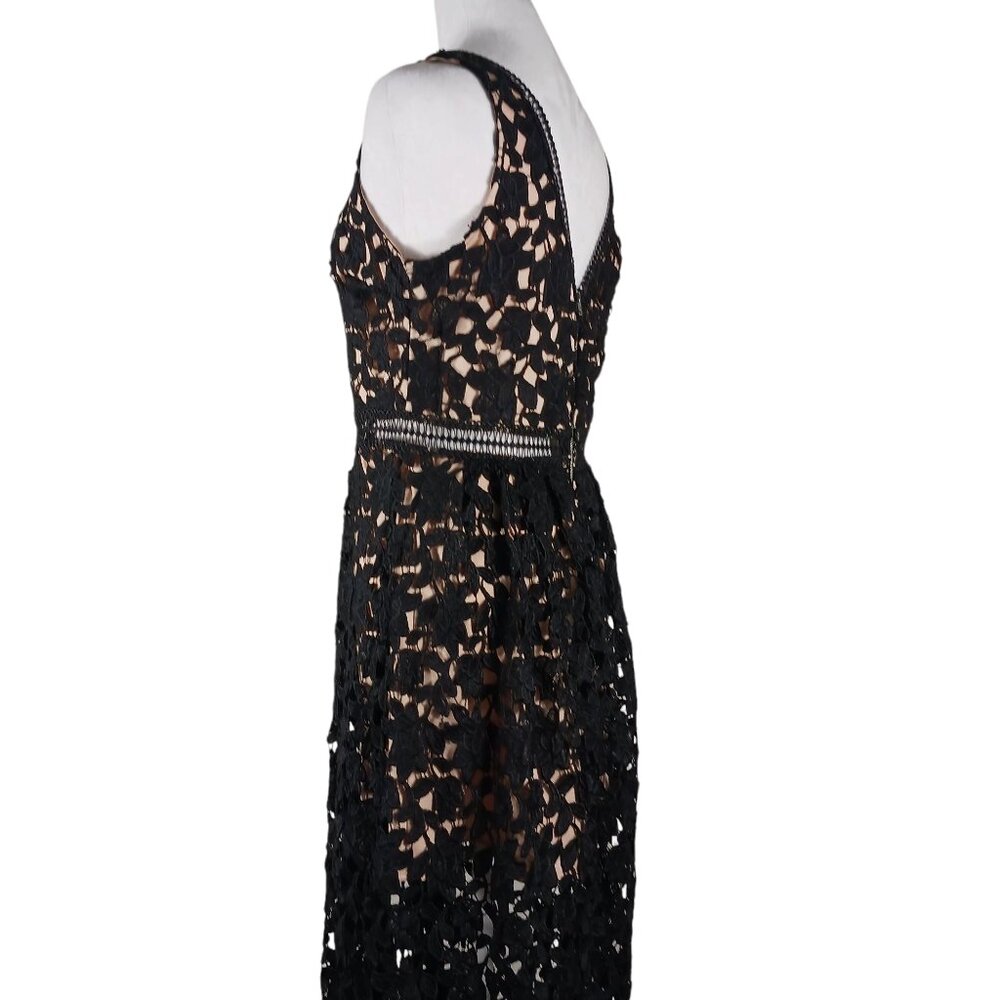Just Me, Black Lace Midi Dress, LRG, Nude Mini Length Lining Sleeveless Cocktail - Picture 5 of 16